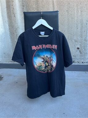 Vintage Iron Maiden Black Graphic Tee with Colorful Album Art